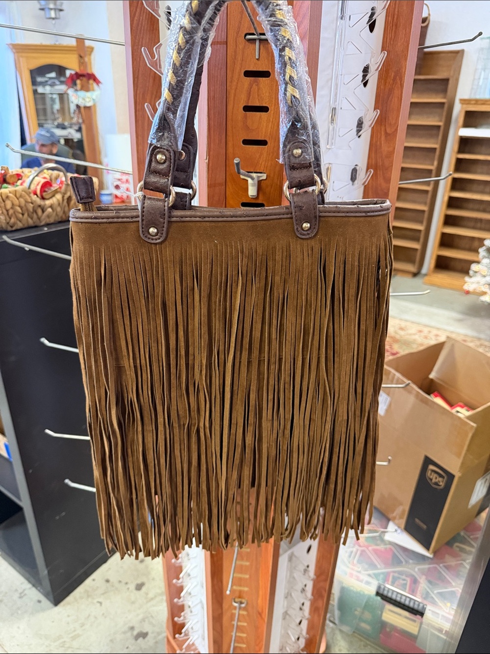 Fringe Faux Suede Tote Bag - Brown NWT